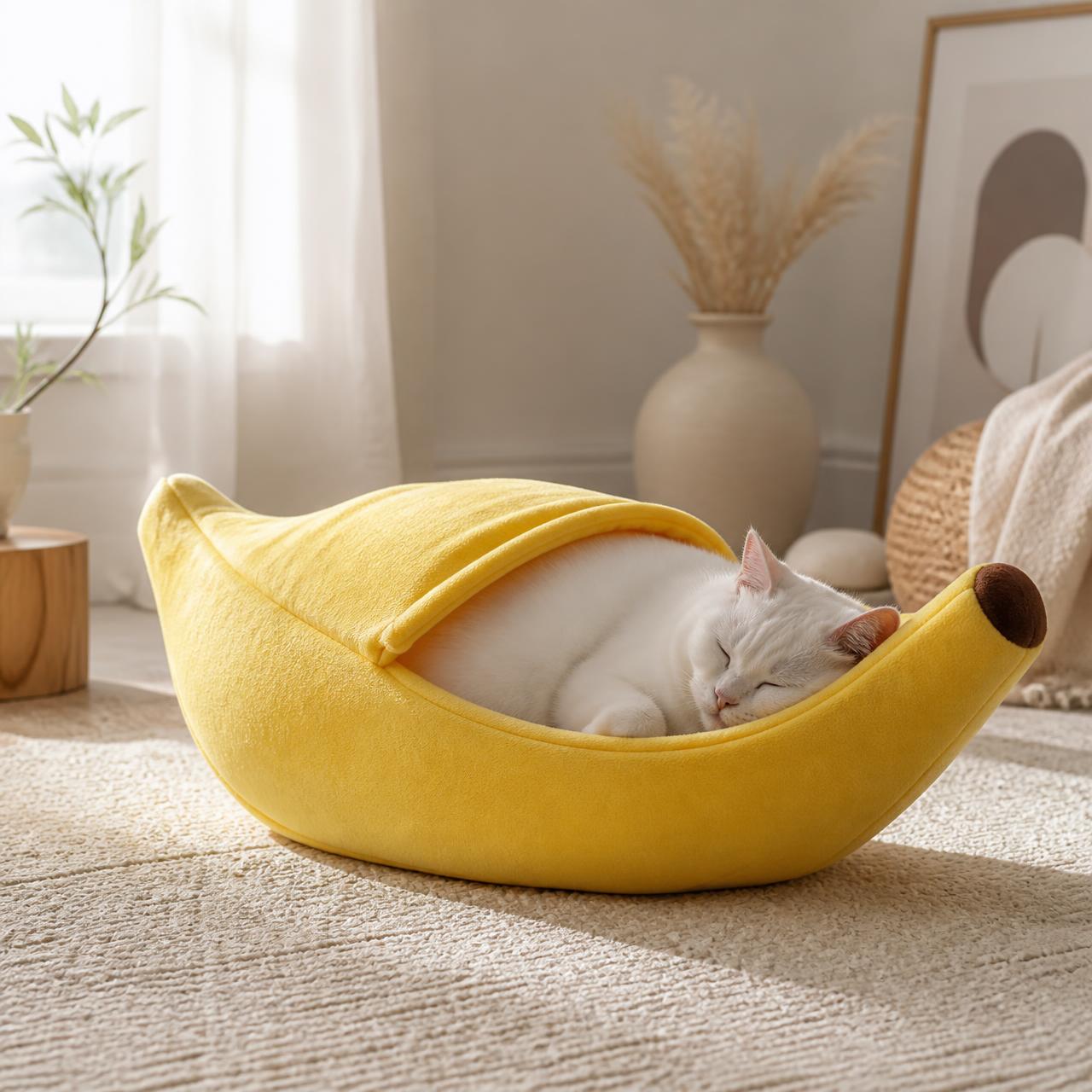 White cat sleeping inside the banana bed
